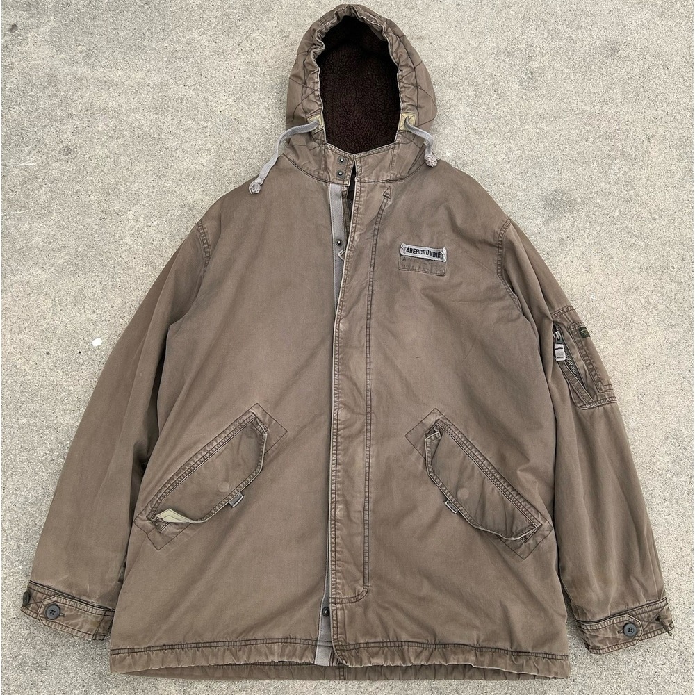 Abercrombie‎ & Fitch Jacket Men Size Medium Brown Military Hooded Sherpa Lined